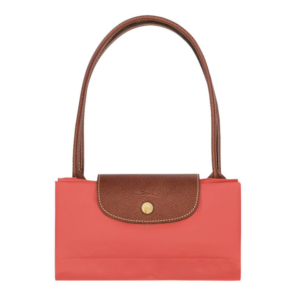 Lieblingstasche Longchamp Le Pliage shoulder bag in coral pink nylon with brown leather trim and gold snap button