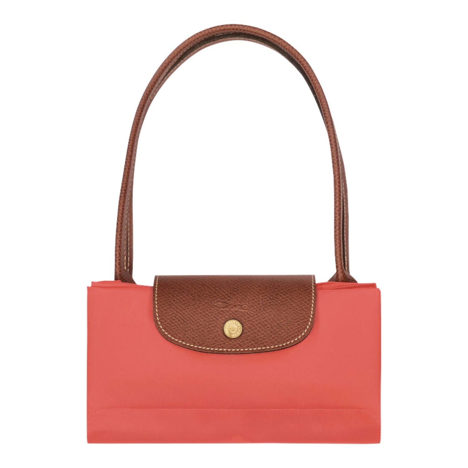 Lieblingstasche Longchamp Le Pliage shoulder bag in coral pink nylon with brown leather trim and gold snap button