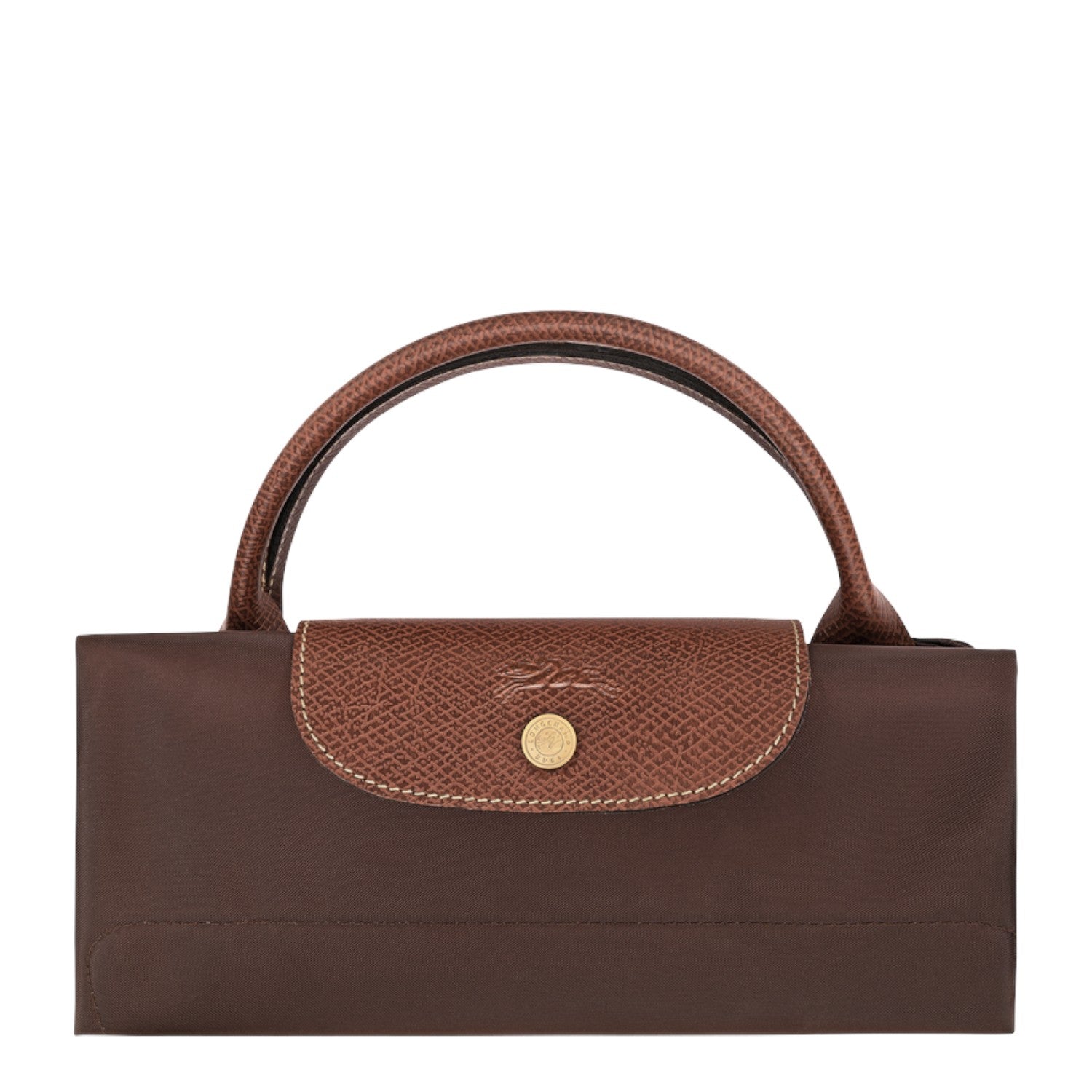 Lieblingstasche Longchamp Le Pliage XL travel bag in brown, folded into a compact shape with leather flap and gold snap.