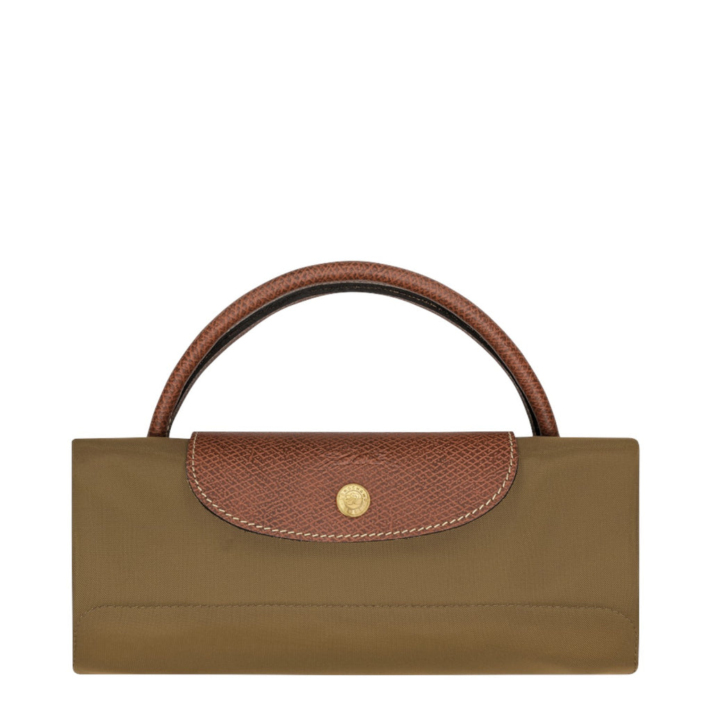 Lieblingstasche Longchamp Le Pliage travel bag folded in olive green nylon with brown leather trim and gold snap button