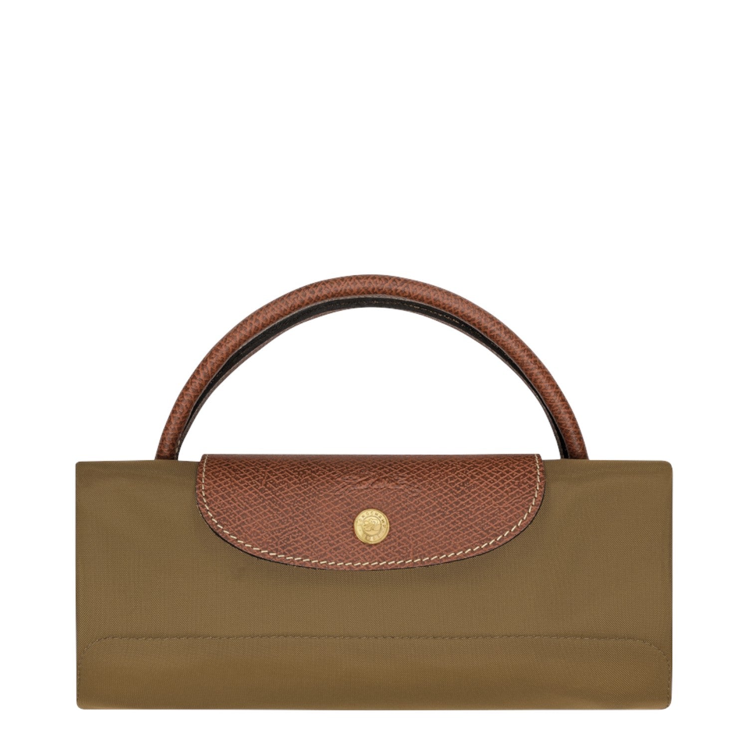 Lieblingstasche Longchamp Le Pliage travel bag folded in olive green nylon with brown leather trim and gold snap button