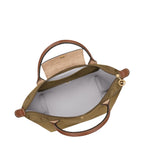 Lieblingstasche Longchamp Le Pliage S handbag in khaki nylon with brown leather handles and gold zipper pull