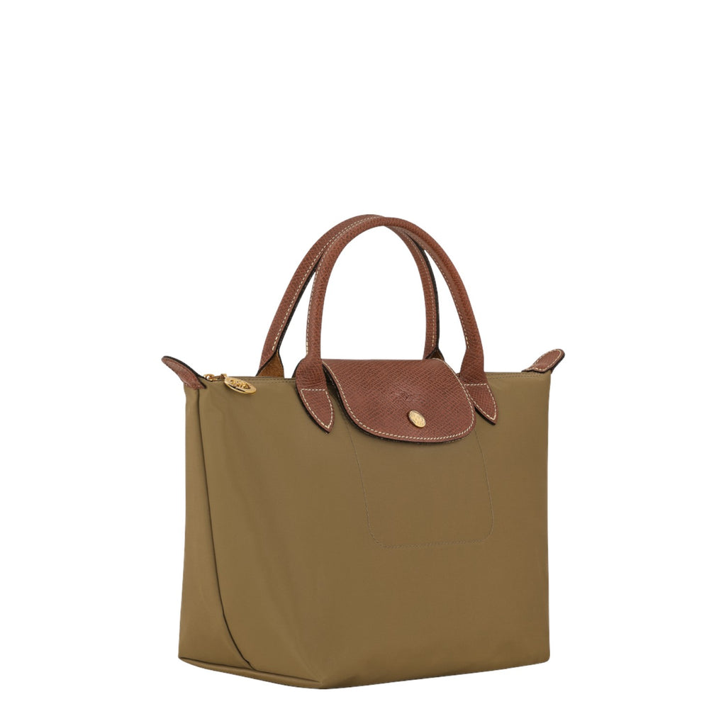 Lieblingstasche Longchamp Le Pliage S handbag in khaki nylon with brown leather handles and flap closure.