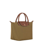 Lieblingstasche Longchamp Le Pliage S handbag in khaki nylon with brown leather handles and flap closure.
