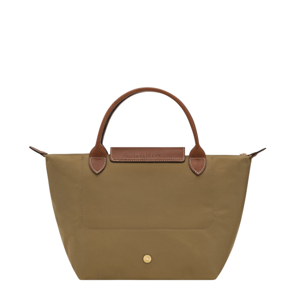 Lieblingstasche Longchamp Le Pliage small handbag in khaki nylon with brown leather handles and gold snap button.