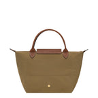 Lieblingstasche Longchamp Le Pliage small handbag in khaki nylon with brown leather handles and gold snap button.
