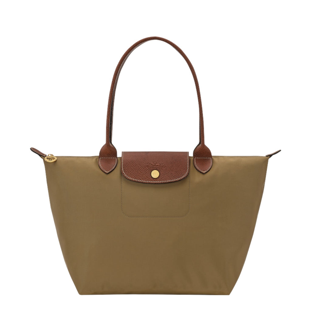 Lieblingstasche Longchamp Le Pliage medium shoulder bag in khaki nylon with brown leather trim and gold hardware