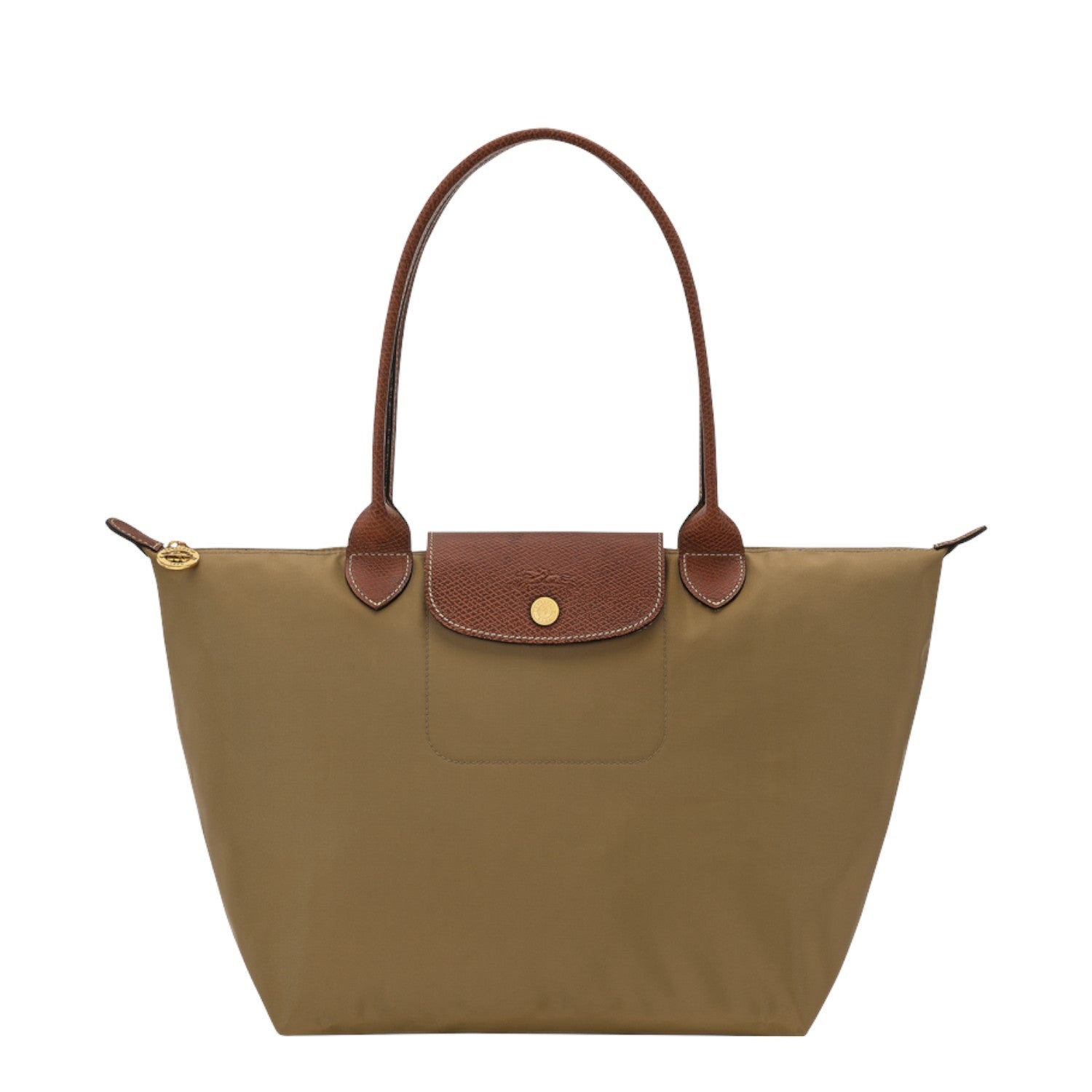 Lieblingstasche Longchamp Le Pliage medium shoulder bag in khaki nylon with brown leather trim and gold hardware