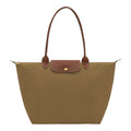 Lieblingstasche Longchamp Le Pliage large shoulder bag in khaki nylon with brown leather trim and gold hardware.