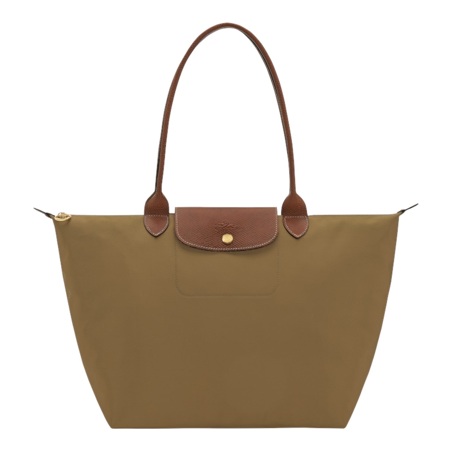 Lieblingstasche Longchamp Le Pliage large shoulder bag in khaki nylon with brown leather trim and gold hardware.