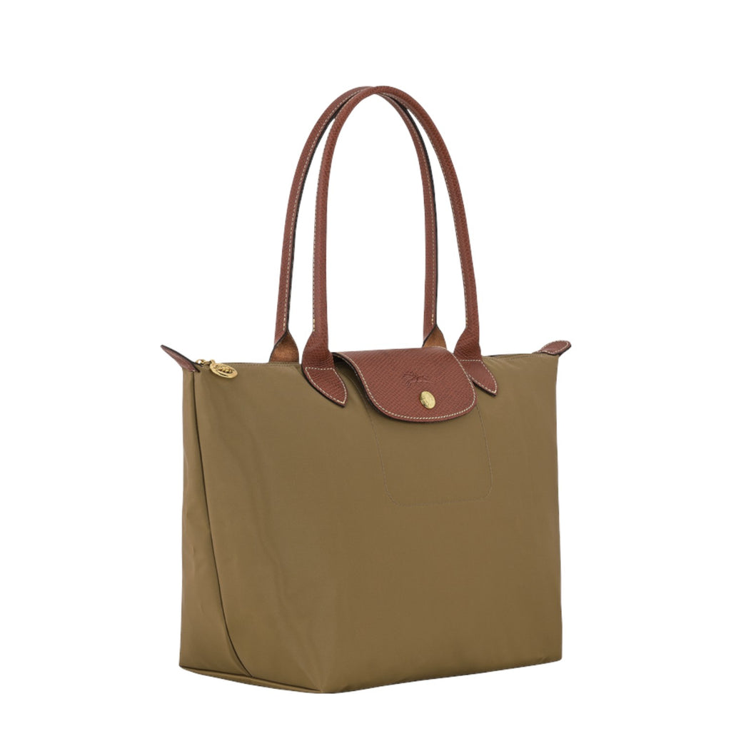 Lieblingstasche Longchamp Le Pliage medium shoulder bag in khaki nylon with brown leather handles and flap