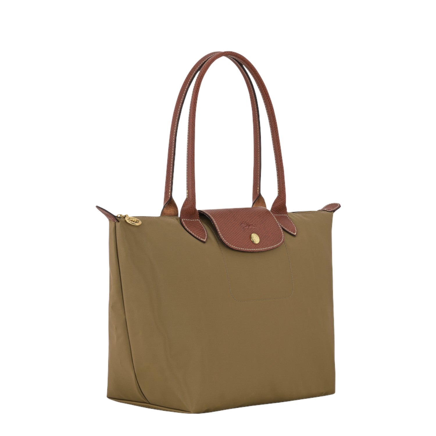 Lieblingstasche Longchamp Le Pliage medium shoulder bag in khaki nylon with brown leather handles and flap