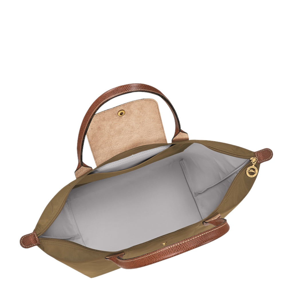 Lieblingstasche Longchamp Le Pliage shoulder bag in khaki nylon with brown leather handles and interior view