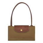 Lieblingstasche Longchamp Le Pliage shoulder bag in khaki nylon with brown leather flap and long handles