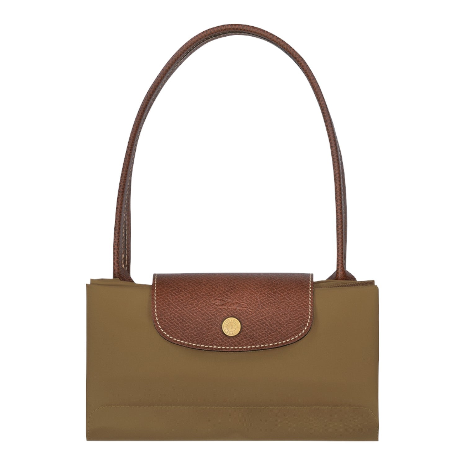 Lieblingstasche Longchamp Le Pliage shoulder bag in khaki nylon with brown leather flap and long handles