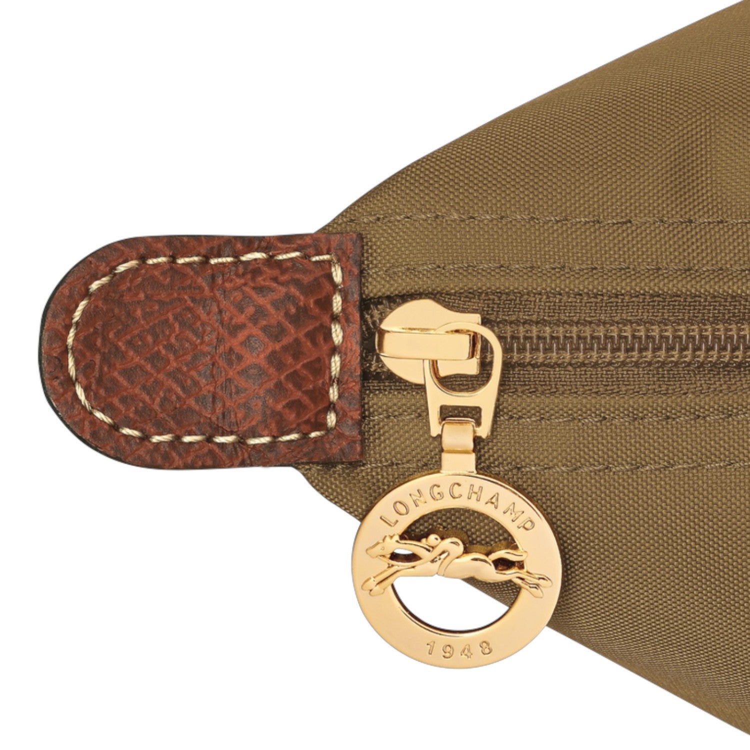 Lieblingstasche Longchamp Le Pliage shoulder bag in khaki nylon with brown leather trim and gold logo zipper pull