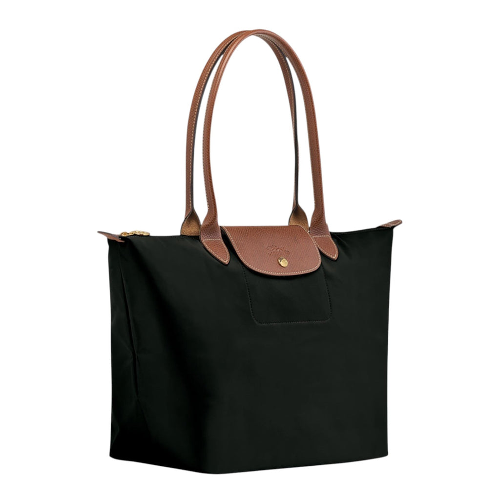 Lieblingstasche Longchamp Le Pliage large black nylon shoulder bag with brown leather handles and gold snap closure