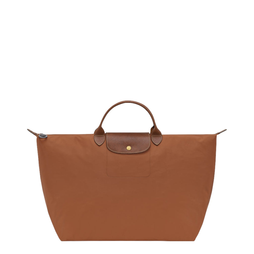 Lieblingstasche Longchamp Le Pliage large travel bag in brown nylon with leather handles and gold snap button closure