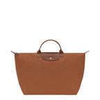 Lieblingstasche Longchamp Le Pliage large travel bag in brown nylon with leather handles and gold snap button closure