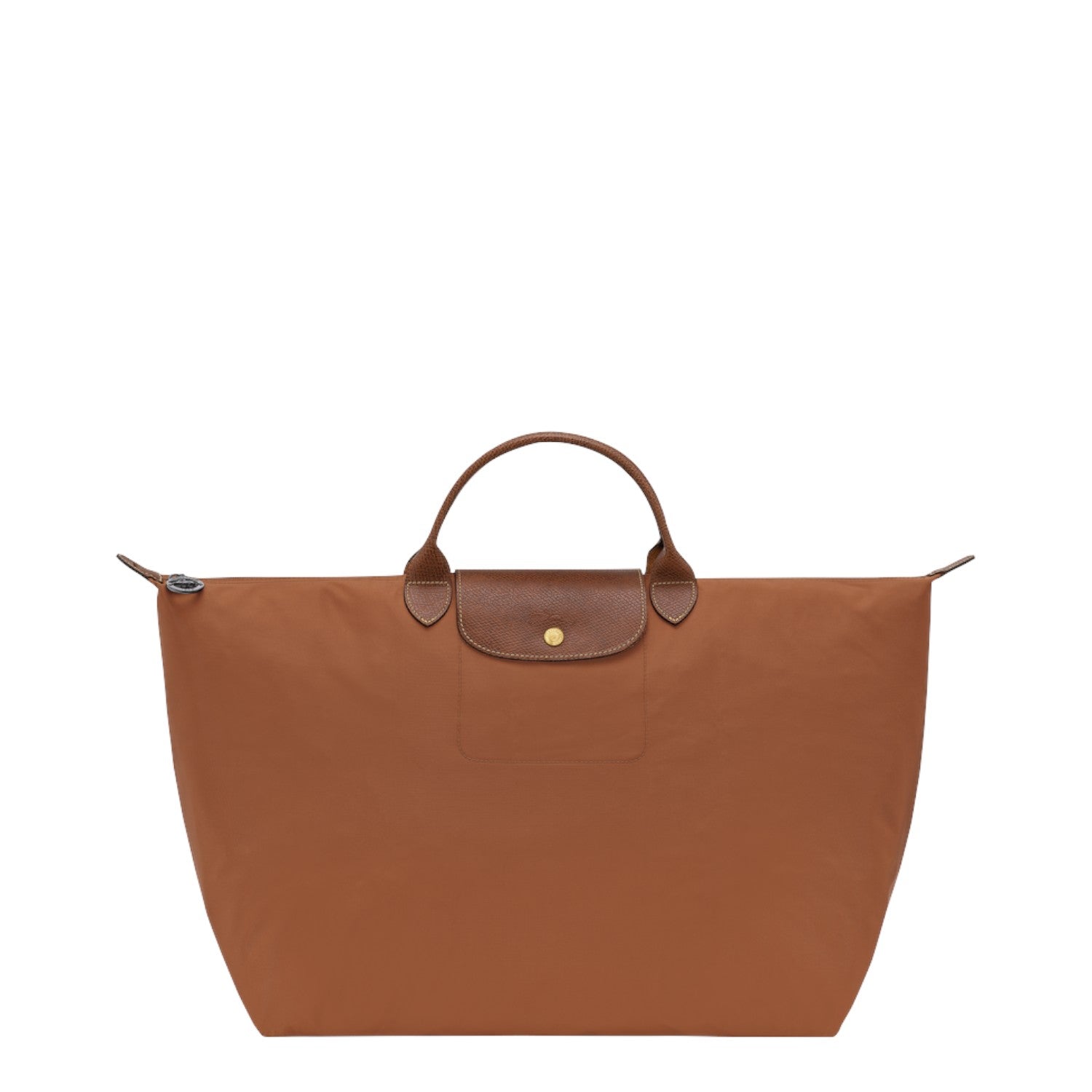 Lieblingstasche Longchamp Le Pliage large travel bag in brown nylon with leather handles and gold snap button closure