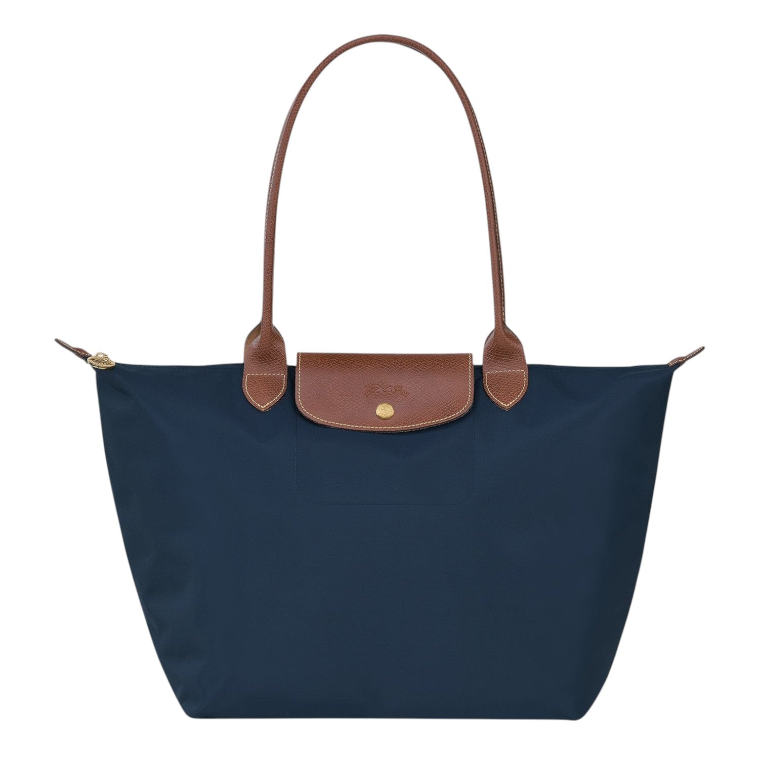 Lieblingstasche Longchamp Le Pliage large navy blue nylon shoulder bag with brown leather handles and gold hardware