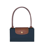 Lieblingstasche Longchamp Le Pliage medium shoulder bag in navy blue nylon with brown leather trim and gold hardware
