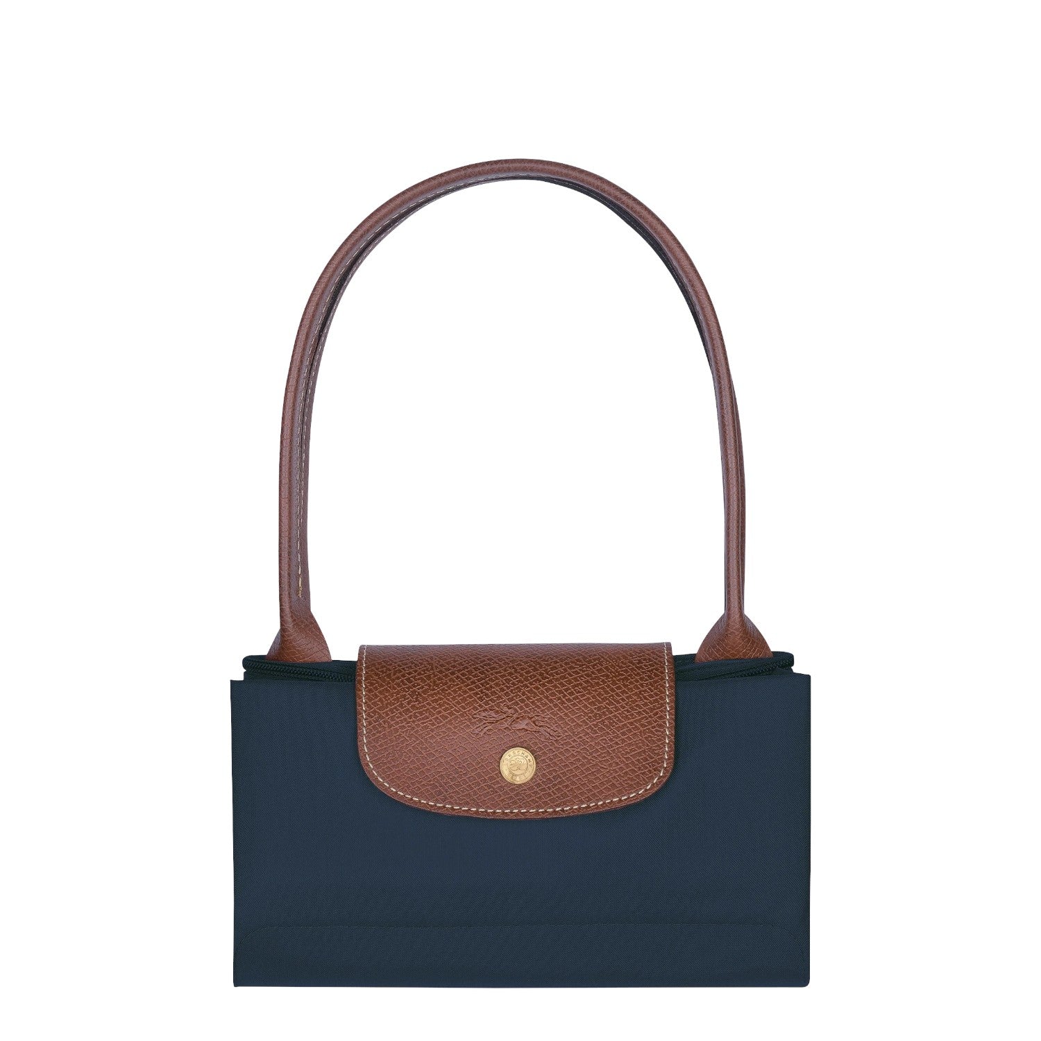 Lieblingstasche Longchamp Le Pliage medium shoulder bag in navy blue nylon with brown leather trim and gold hardware