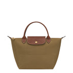 Lieblingstasche Longchamp Le Pliage small handbag in olive green nylon with brown leather handles and gold hardware