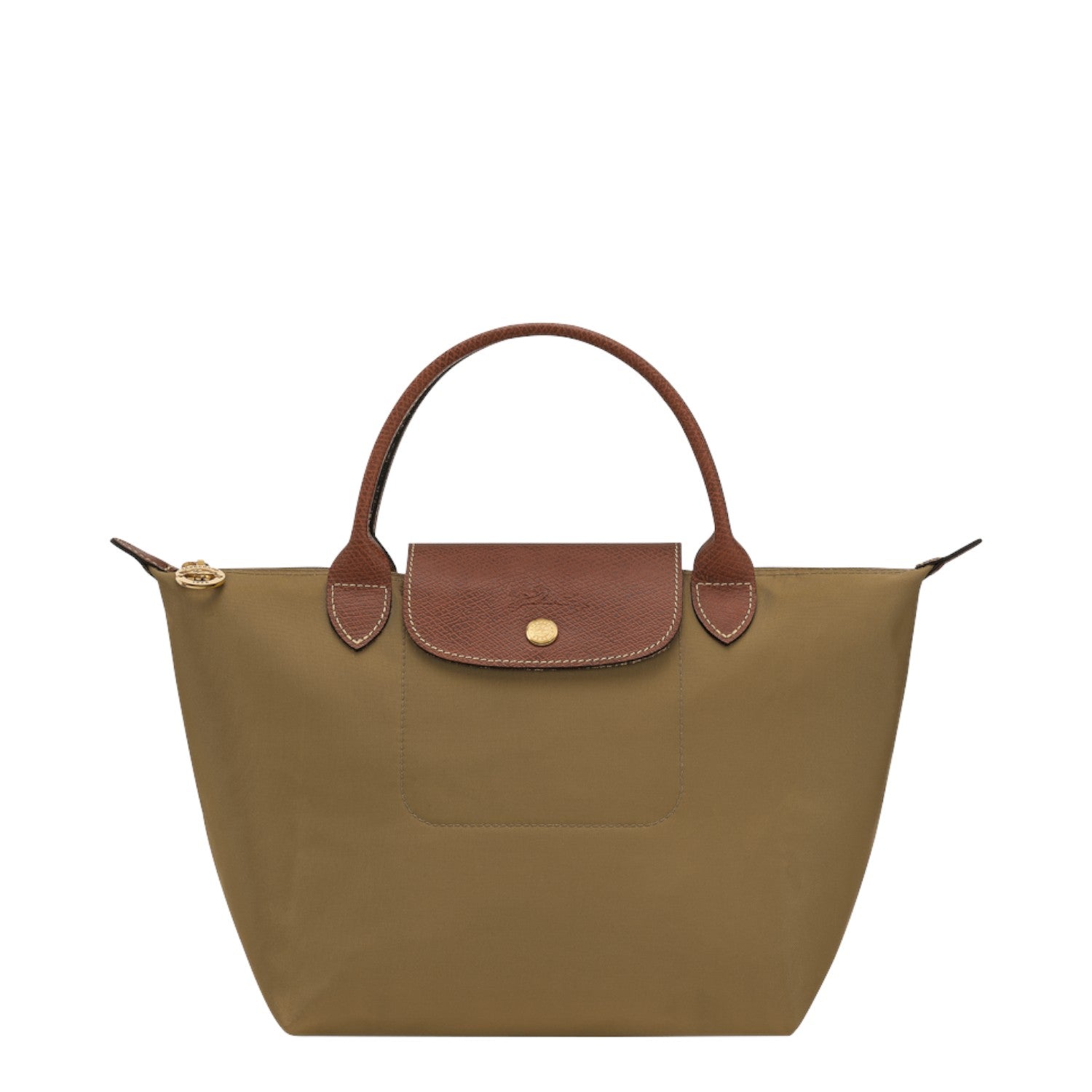Lieblingstasche Longchamp Le Pliage small handbag in olive green nylon with brown leather handles and gold hardware