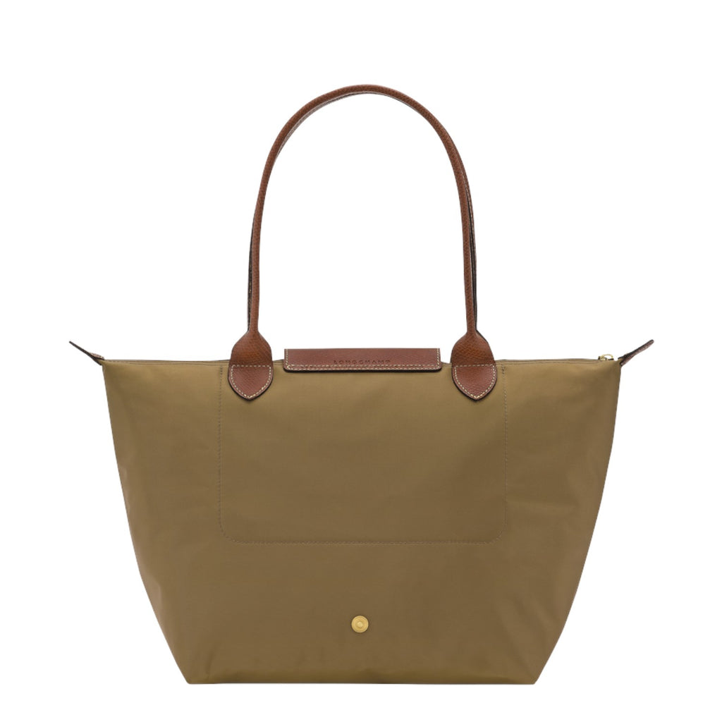 Lieblingstasche Longchamp Le Pliage medium shoulder bag in olive green nylon with brown leather handles and trim.