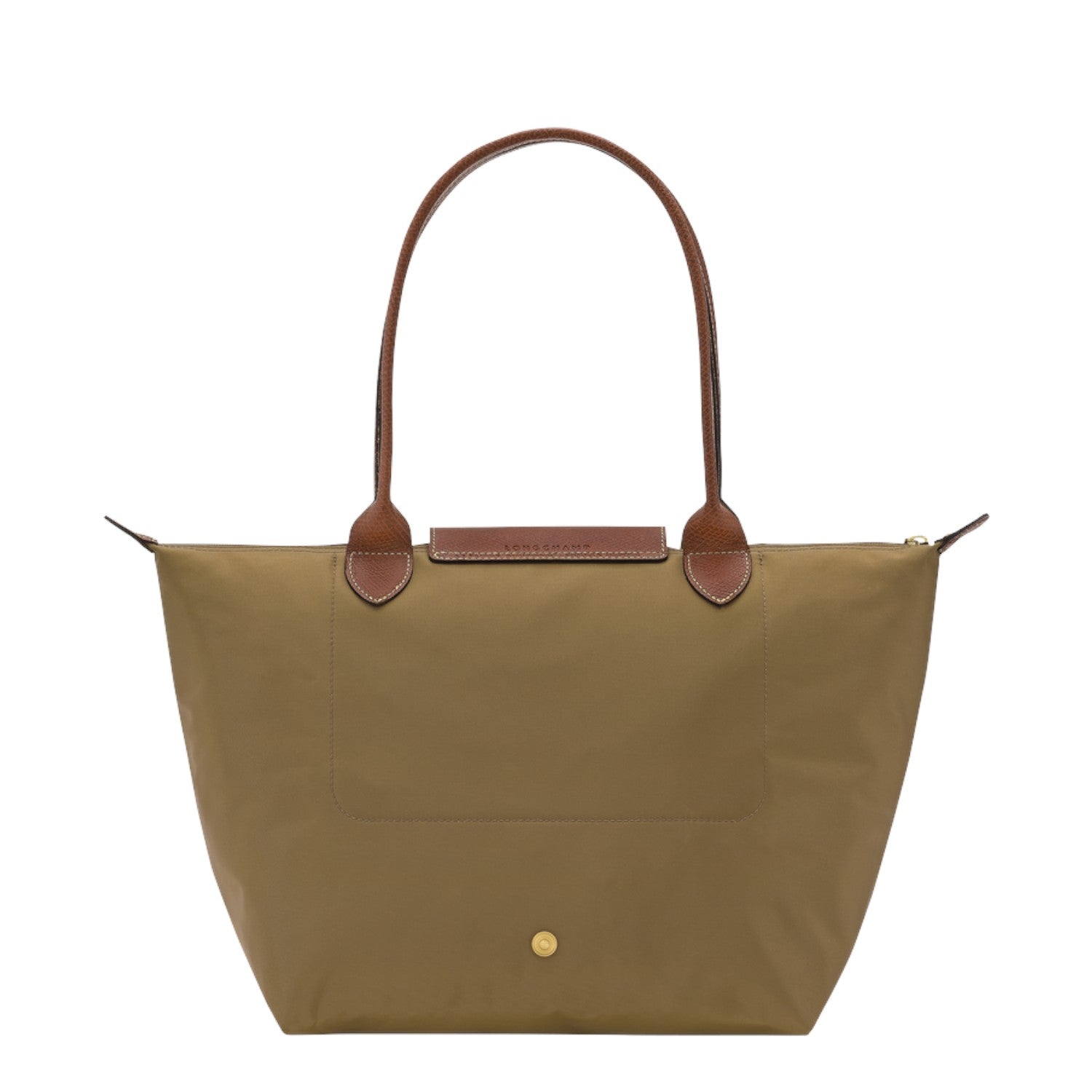 Lieblingstasche Longchamp Le Pliage medium shoulder bag in olive green nylon with brown leather handles and trim.