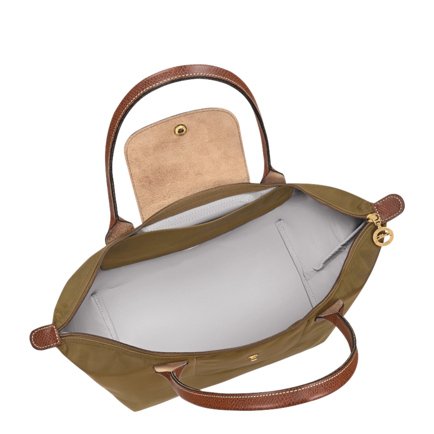 Lieblingstasche Longchamp Le Pliage medium shoulder bag in olive green nylon with brown leather handles and trim