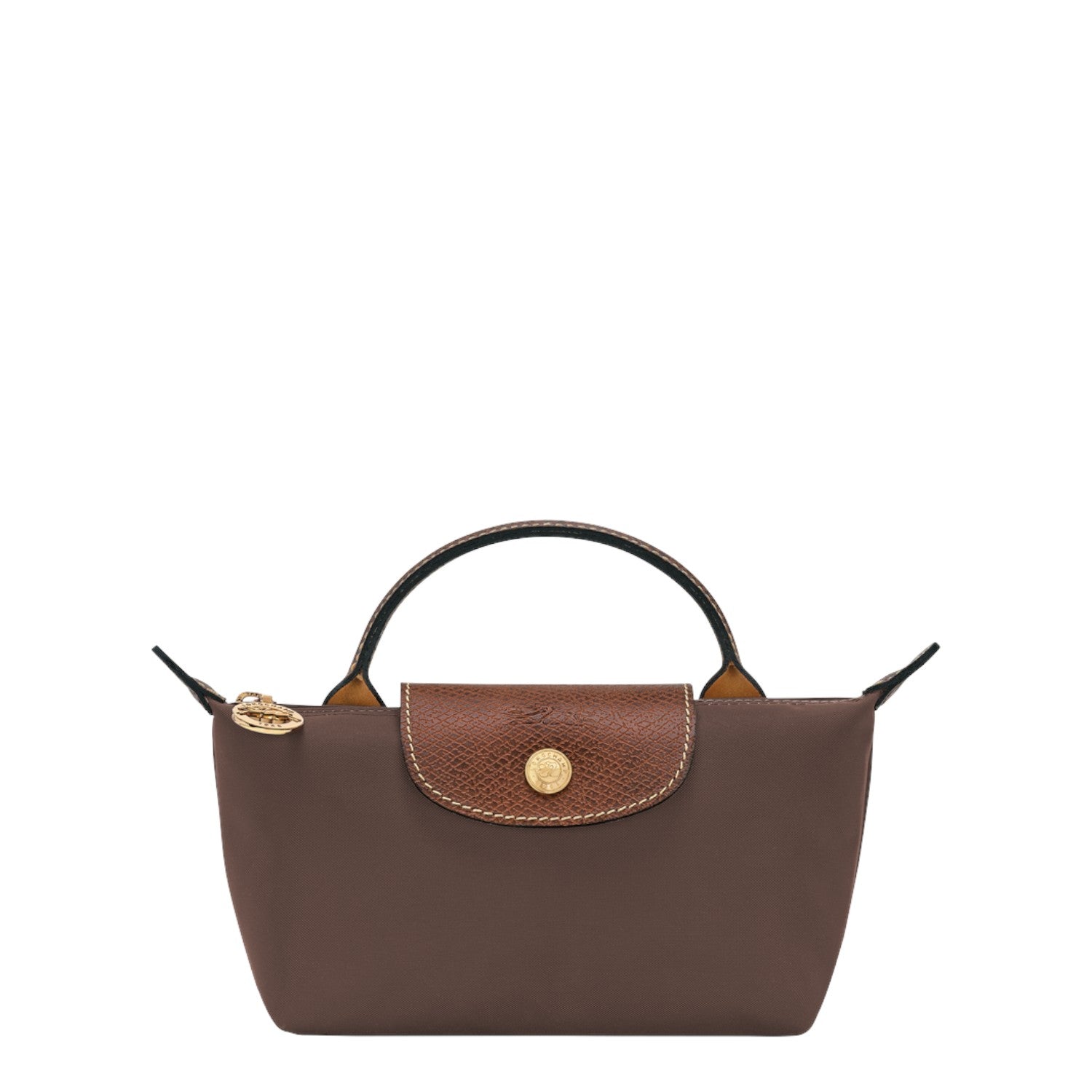 Lieblingstasche Longchamp Le Pliage Pochette in brown nylon with leather flap and gold-tone hardware