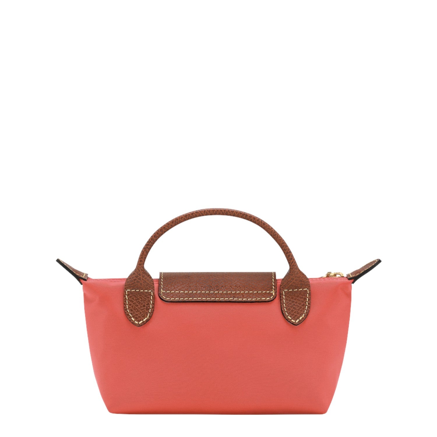 Lieblingstasche Longchamp Le Pliage Pochette in coral pink nylon with brown leather handle and flap closure
