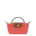 Lieblingstasche Longchamp Le Pliage Pochette in coral pink nylon with brown leather flap and gold-tone hardware
