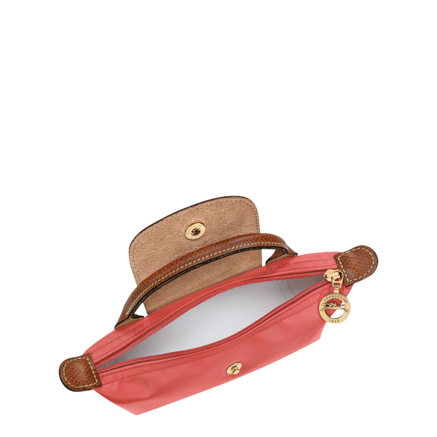 Lieblingstasche Longchamp Le Pliage Pochette in coral pink nylon with brown leather trim and gold zipper pull