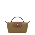 Lieblingstasche Longchamp Le Pliage Pochette in khaki nylon with brown leather flap and gold-tone hardware.