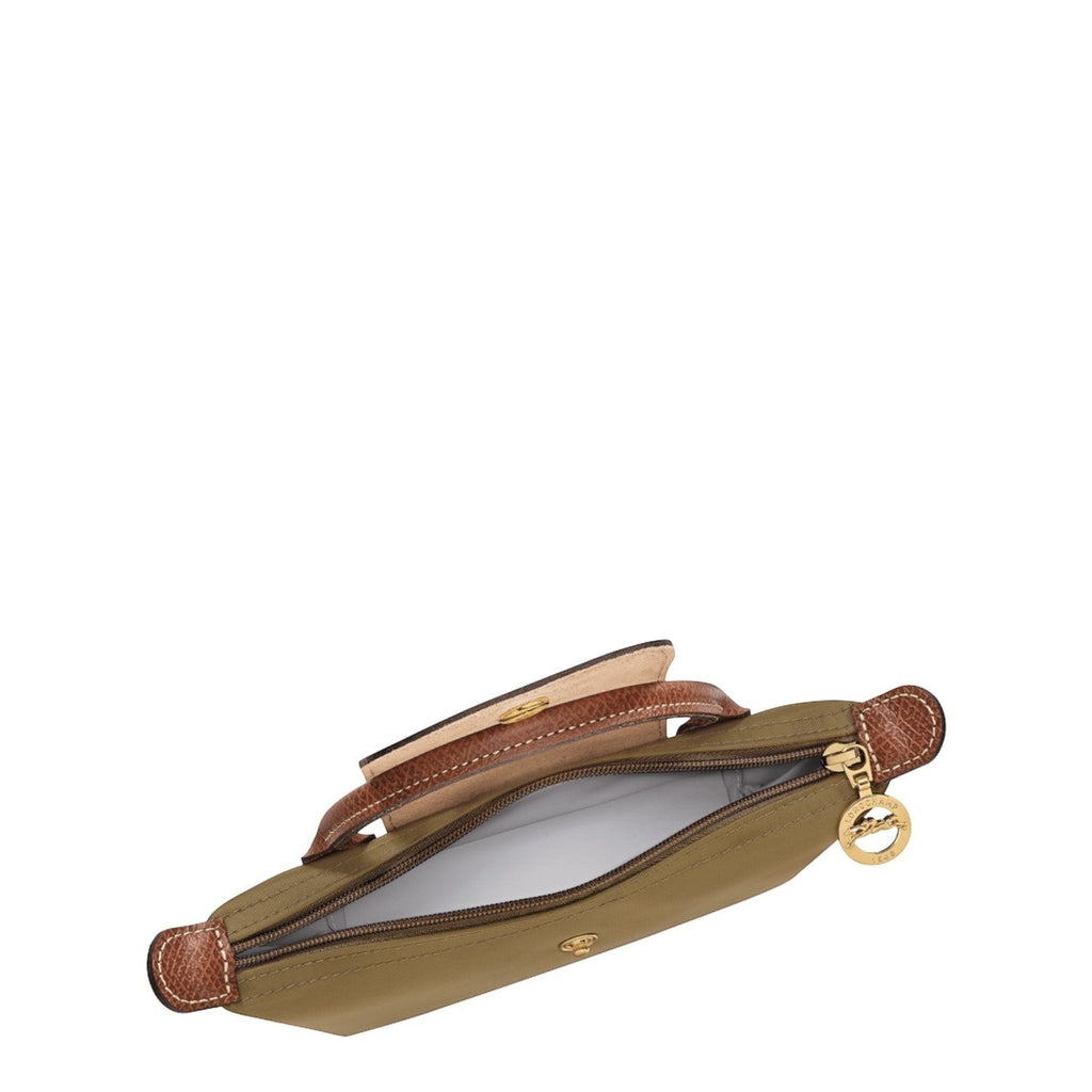 Lieblingstasche Longchamp Le Pliage Pochette in khaki nylon with brown leather trim and gold zipper pull