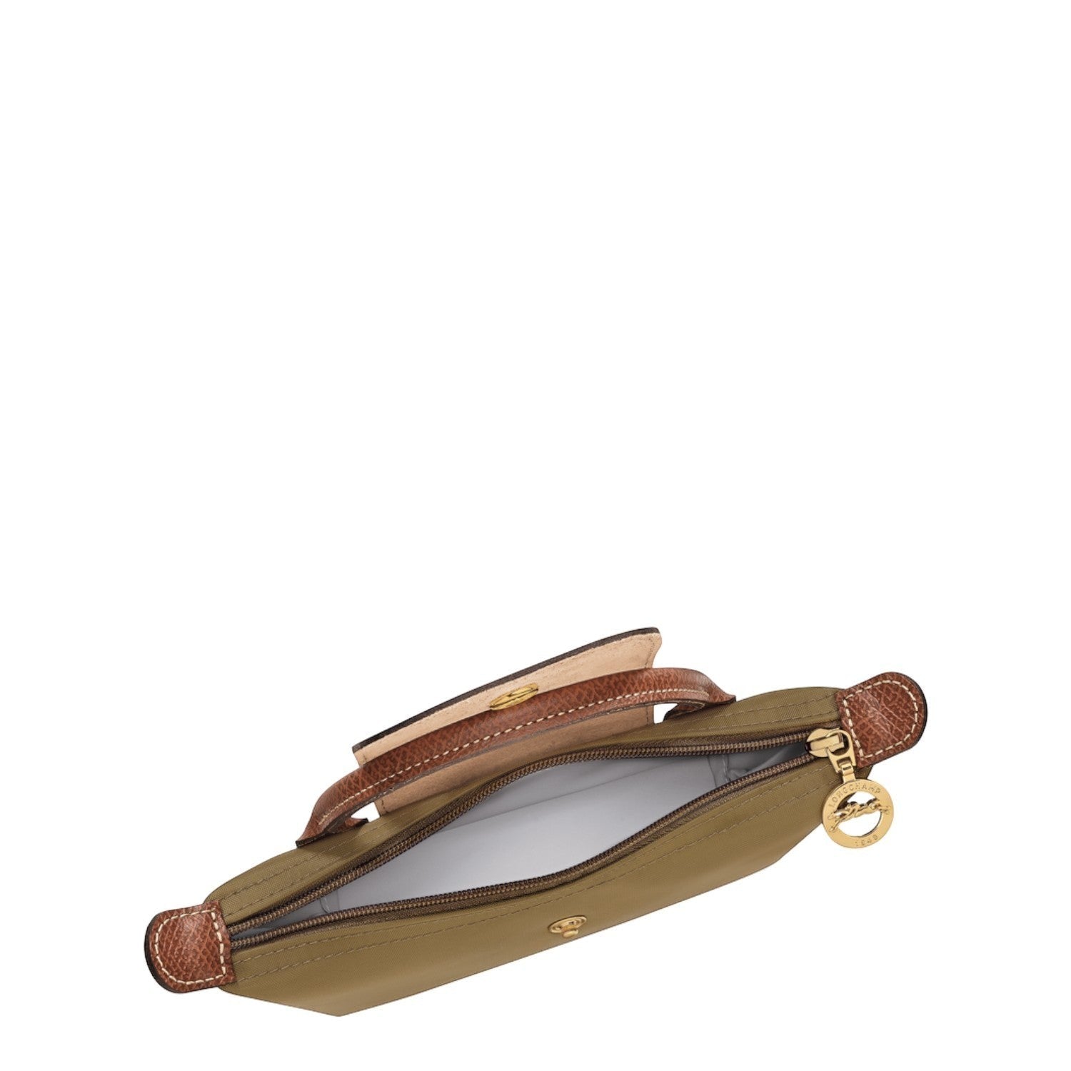 Lieblingstasche Longchamp Le Pliage Pochette in khaki nylon with brown leather trim and gold zipper pull