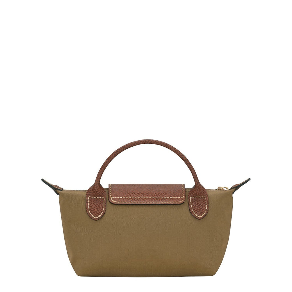Lieblingstasche Longchamp Le Pliage Pochette in khaki nylon with brown leather handle and flap closure