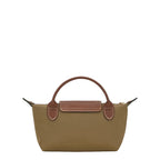 Lieblingstasche Longchamp Le Pliage Pochette in khaki nylon with brown leather handle and flap closure