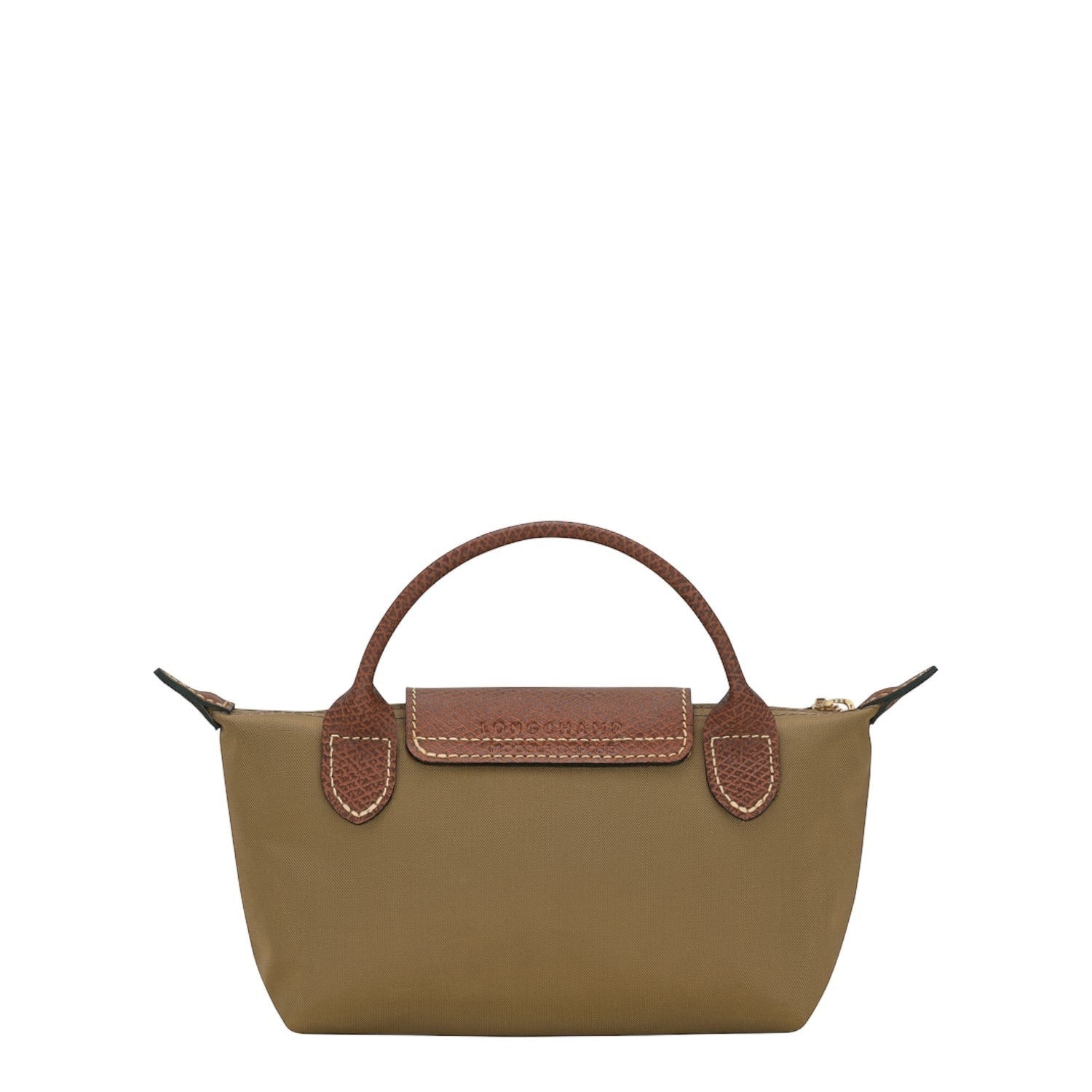 Lieblingstasche Longchamp Le Pliage Pochette in khaki nylon with brown leather handle and flap closure