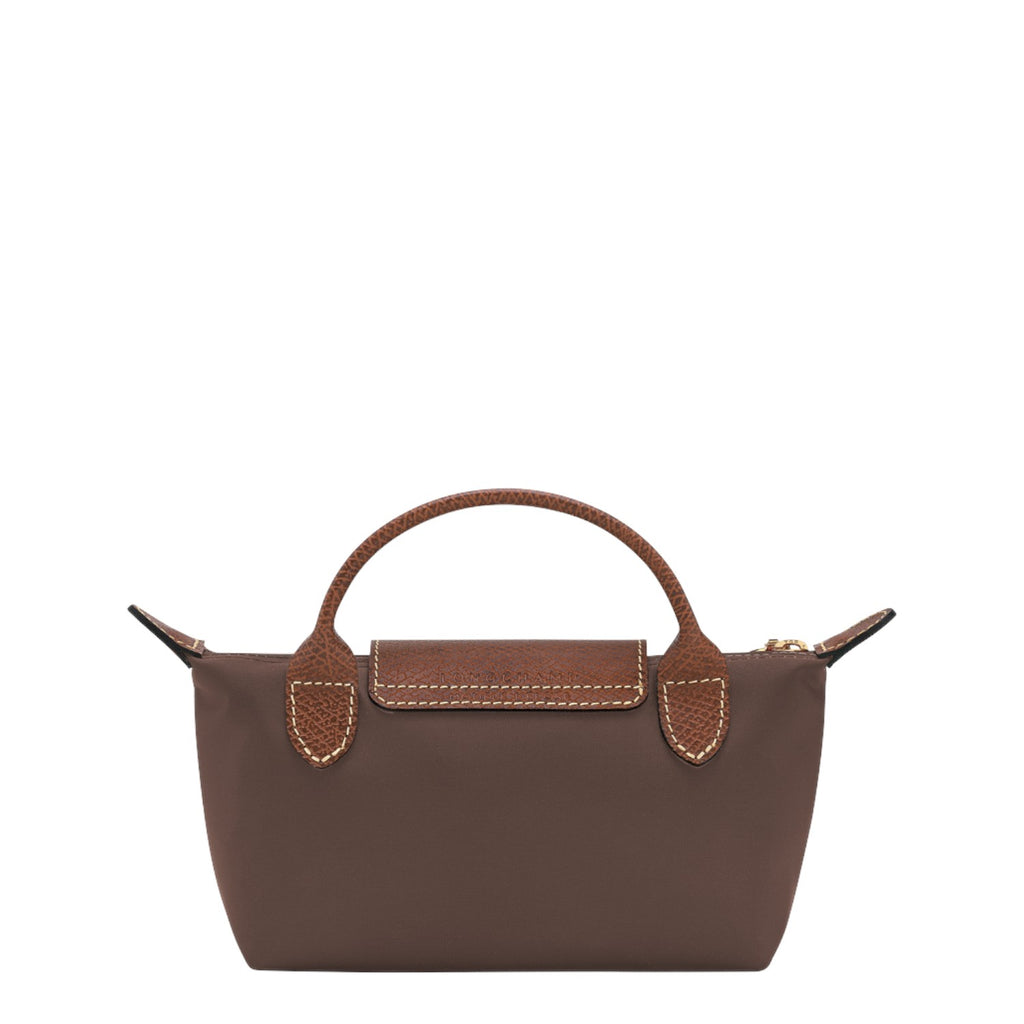 Lieblingstasche Longchamp Le Pliage Pochette in taupe nylon with brown leather handle and flap