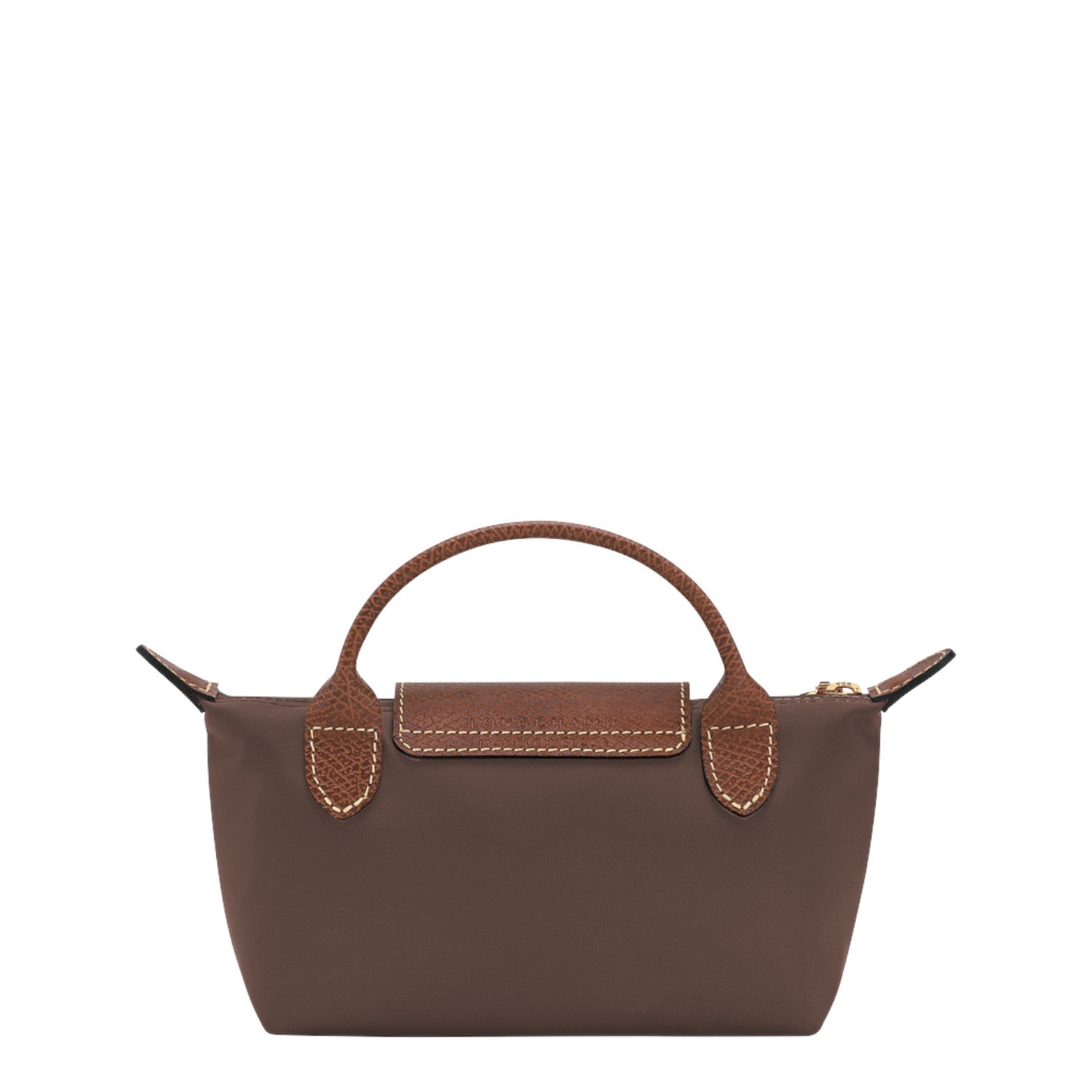 Lieblingstasche Longchamp Le Pliage Pochette in taupe nylon with brown leather handle and flap