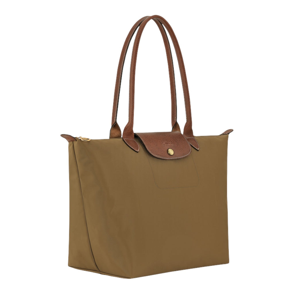 Lieblingstasche Longchamp Le Pliage large shoulder bag in khaki nylon with brown leather trim and gold hardware.