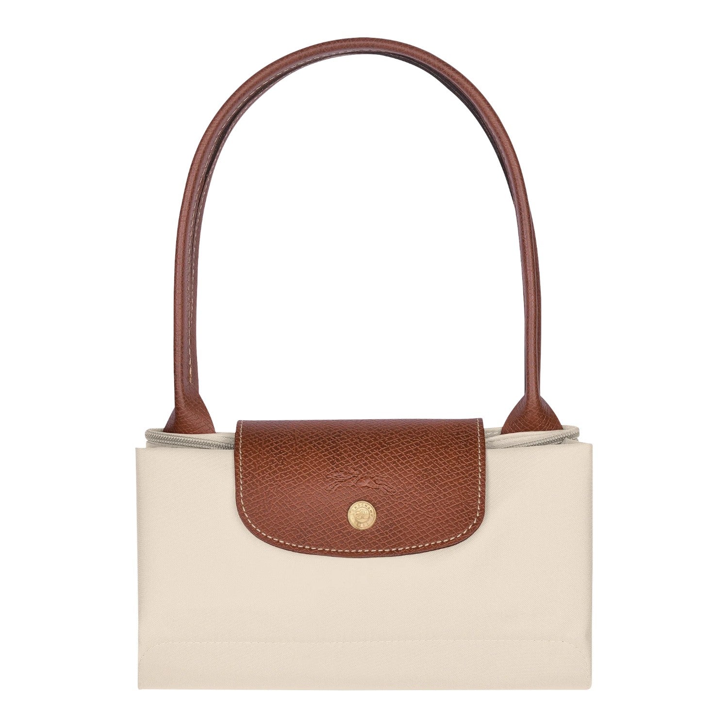 Lieblingstasche Longchamp Le Pliage medium shoulder bag in beige nylon with brown leather trim and gold hardware.