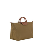 Lieblingstasche Longchamp Le Pliage large travel bag in khaki nylon with brown leather handles and flap closure