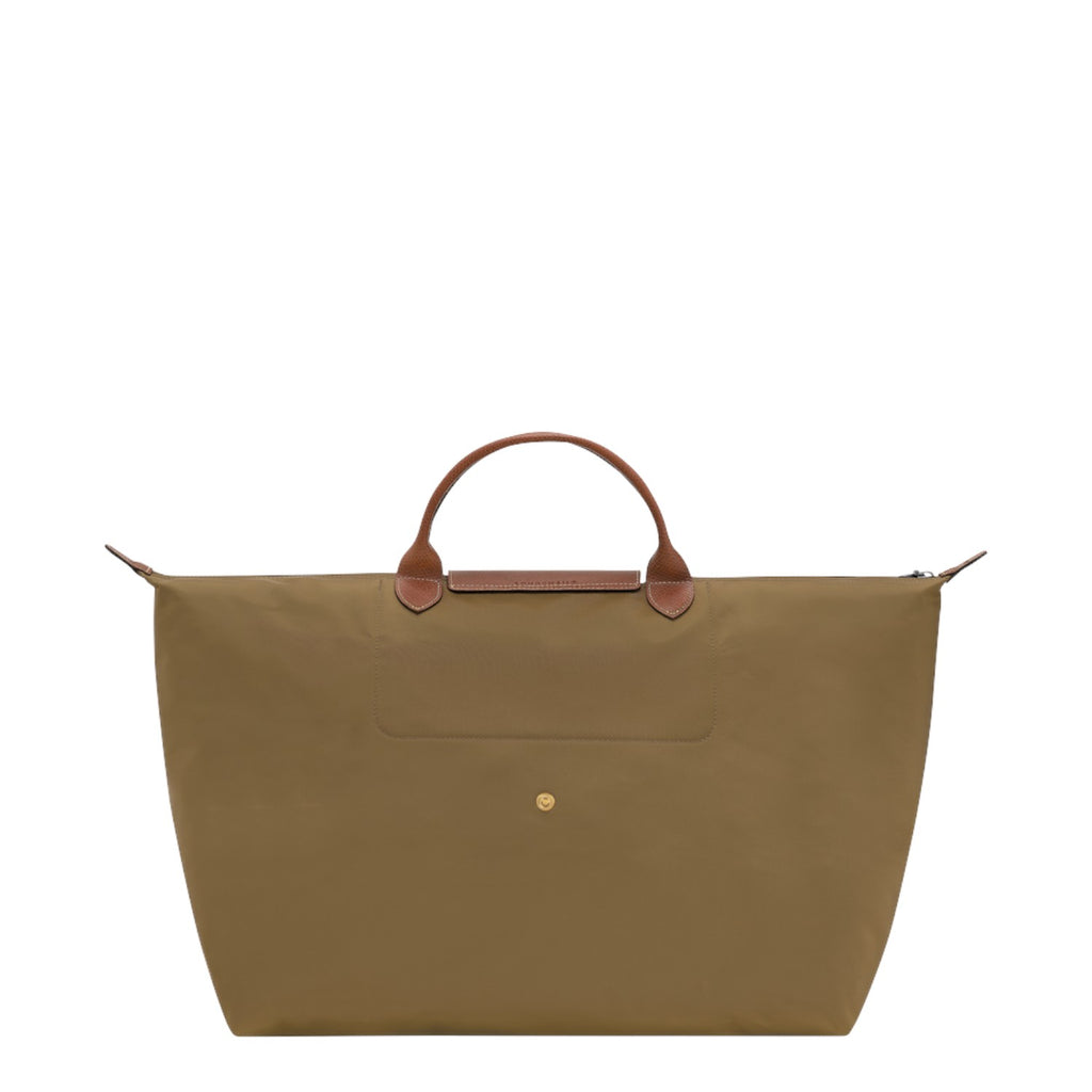 Lieblingstasche Longchamp Le Pliage large travel bag in khaki nylon with brown leather handles and gold snap button