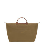 Lieblingstasche Longchamp Le Pliage large travel bag in khaki nylon with brown leather handles and gold snap button