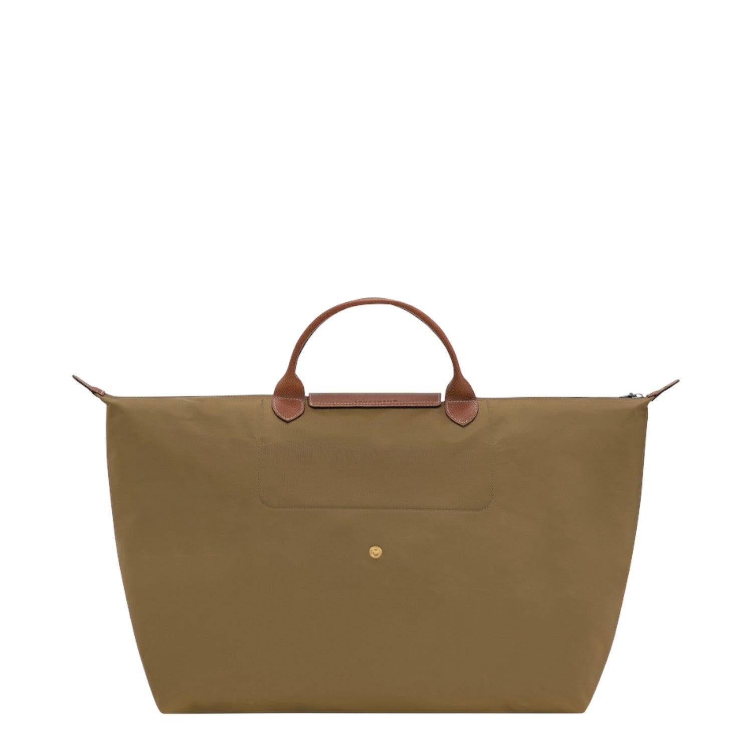 Lieblingstasche Longchamp Le Pliage large travel bag in khaki nylon with brown leather handles and gold snap button